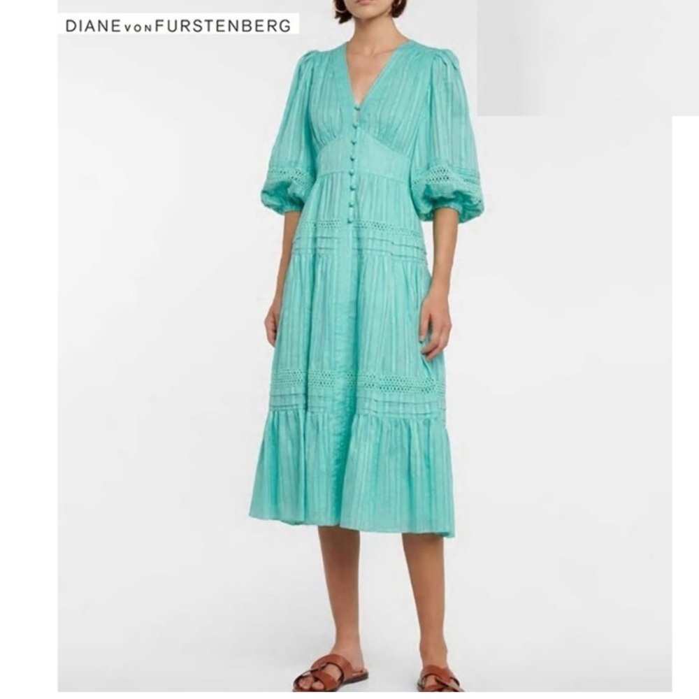 Diane Von Furstenberg Camille Poplin Cottom Aqua Blue Green Midi Dress | Size 6